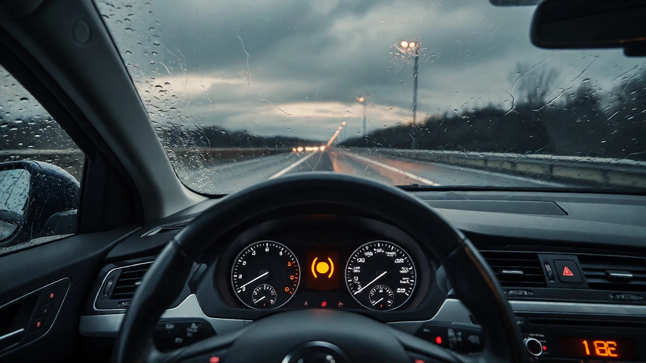 Driver view of car dashboard with brake warning light on rainy road