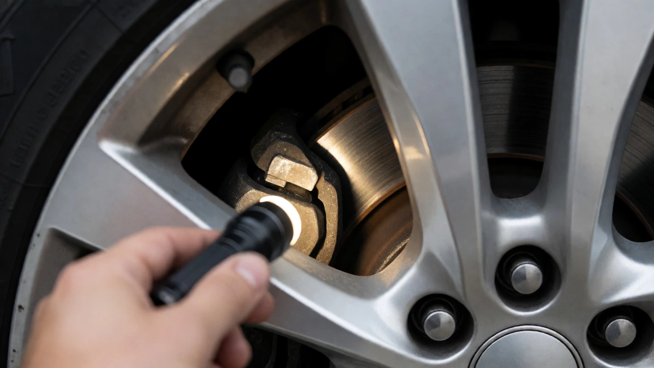 Flashlight inspecting worn brake pads through wheel spokes