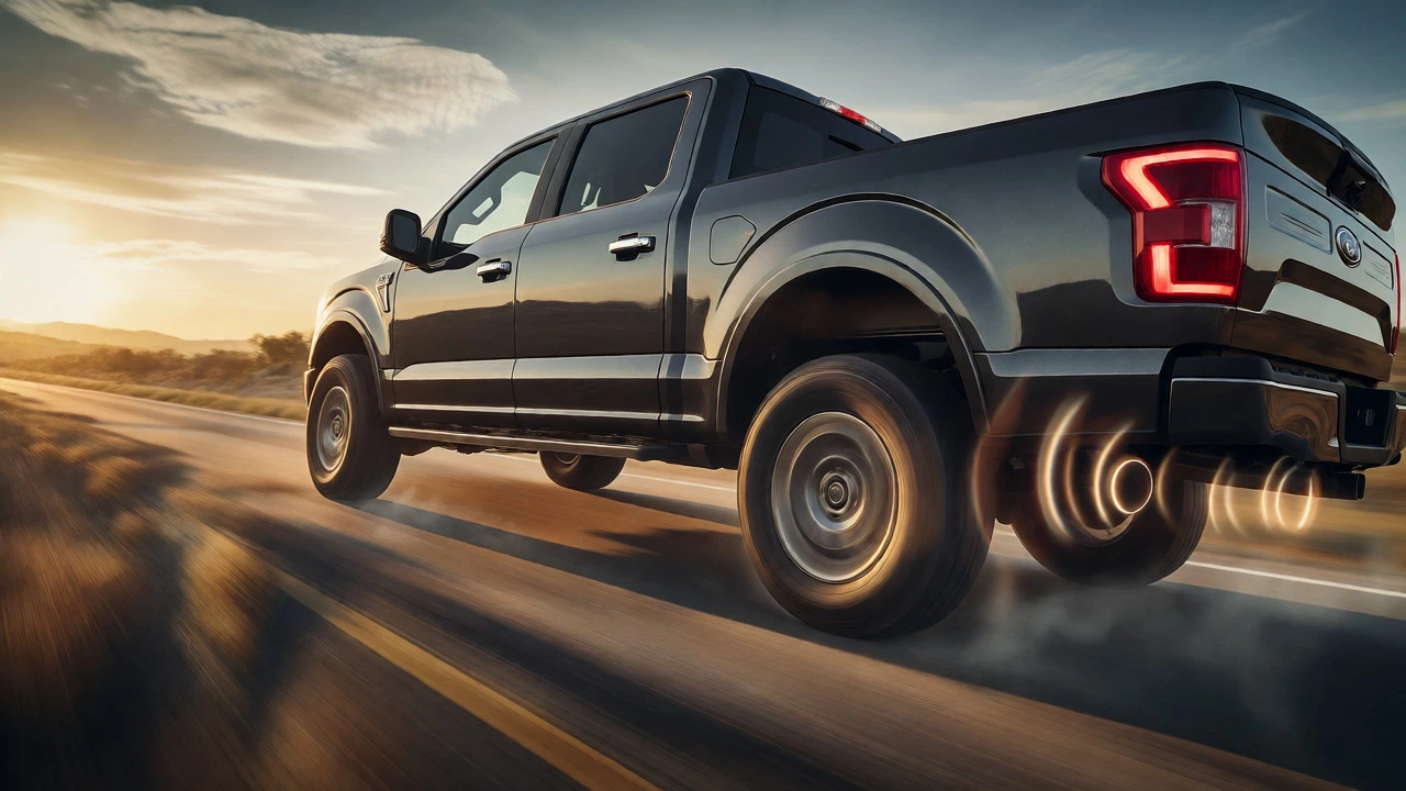 Ford F-150 truck accelerating on a highway with visible sound wave ripples from the exhaust.