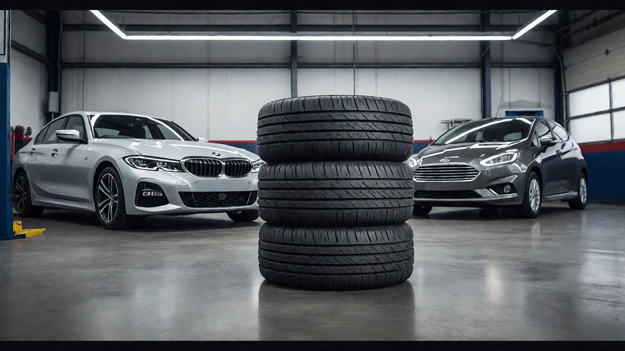 Four new tires stacked in a garage with cars in the background