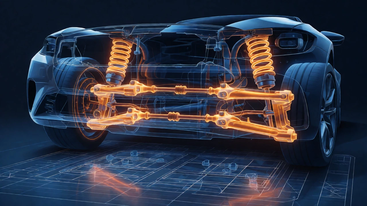 Glowing diagram of car front suspension components