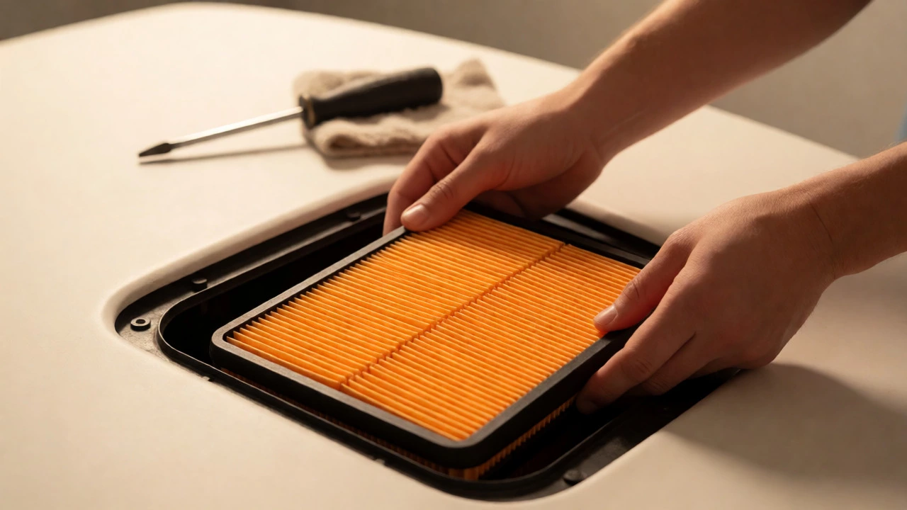 Hands installing a new clean orange air filter into a car engine