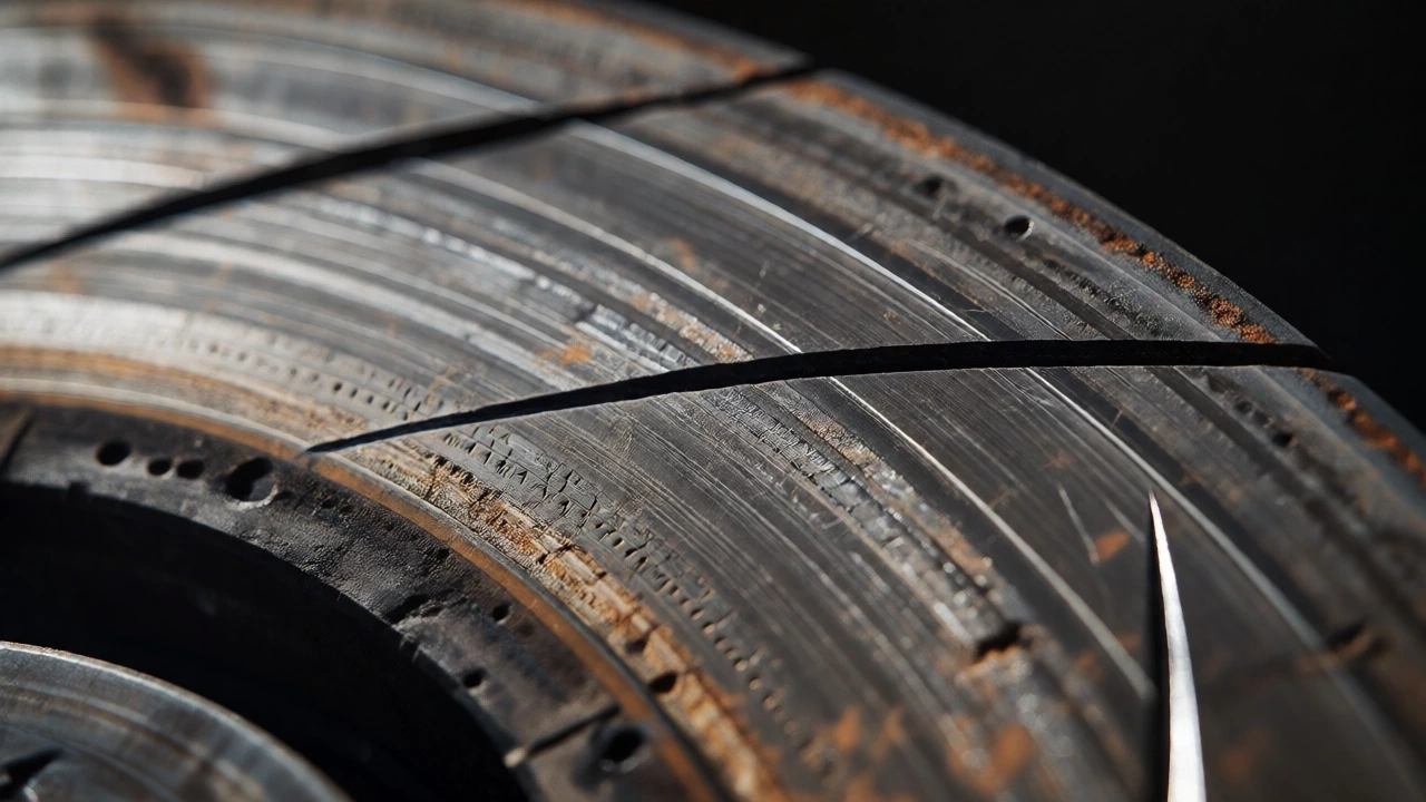 Macro view of scored and damaged brake rotor