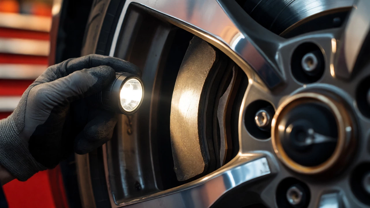 Mechanic inspecting thin brake pads with a flashlight through wheel spokes
