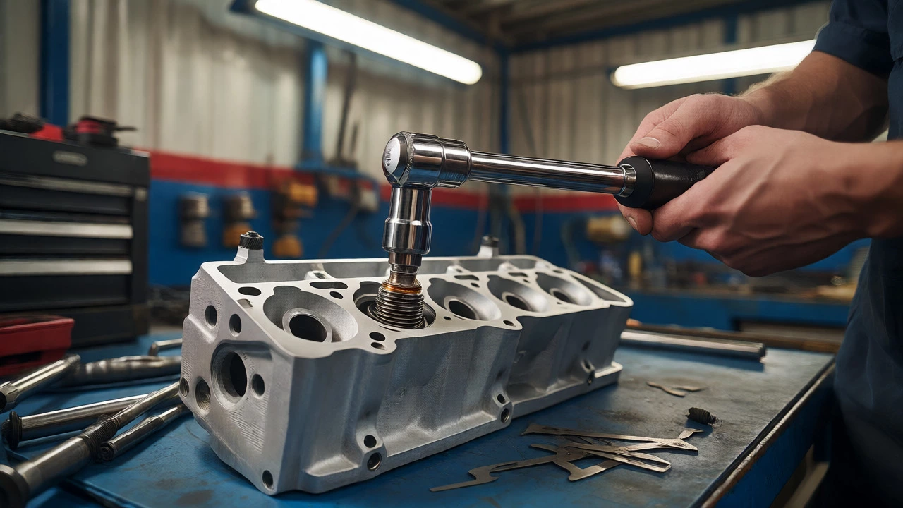 Mechanic tightening a spark plug with a torque wrench in a garage