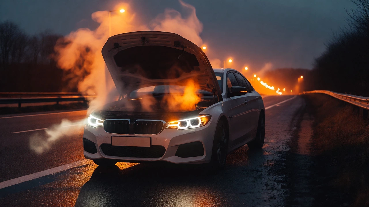 Steam billowing from a car bonnet on a UK motorway shoulder at dusk