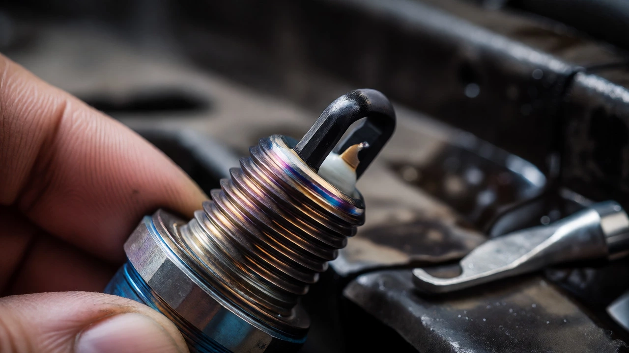 Close-up macro shot of a worn, soot-covered spark plug electrode being inspected.