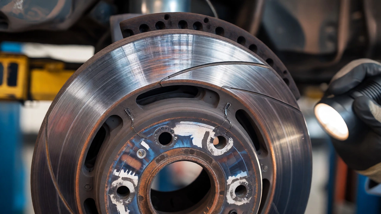 Close-up of a cracked and deeply scored brake rotor