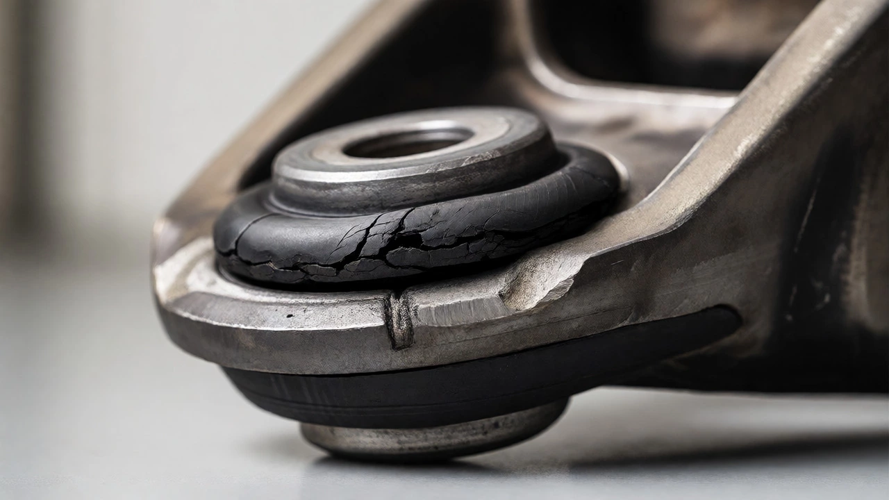 Close-up of a cracked and worn rubber bushing from suspension stress