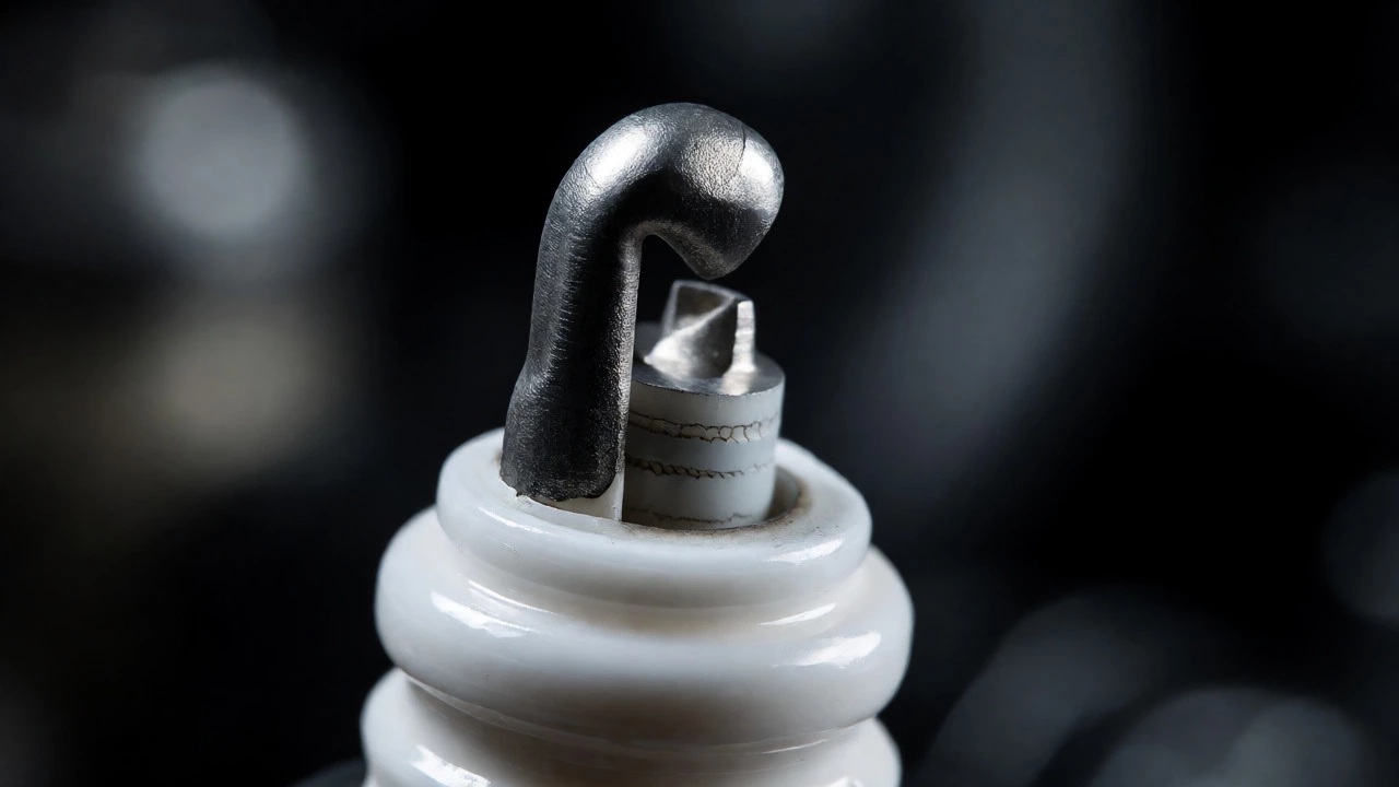 Close-up of a worn iridium spark plug with eroded electrode and cracked insulator.