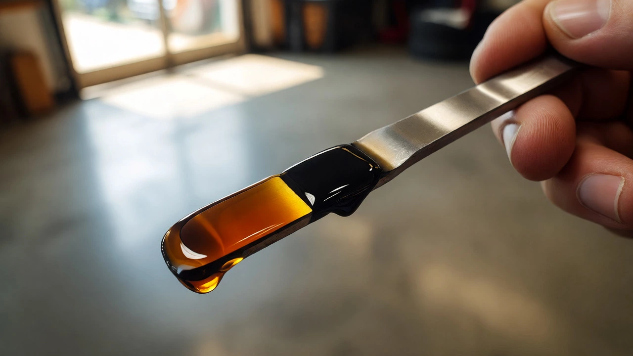 Close-up of an oil dipstick comparing fresh amber oil against dirty black oil.