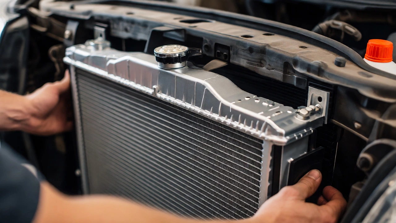 Close up of new aluminum car radiator being installed into vehicle front grille