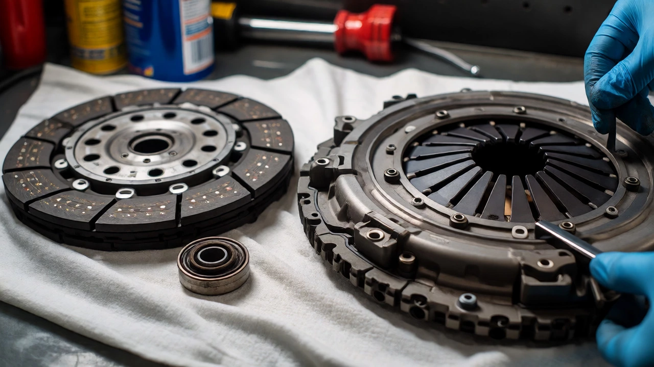 Close-up of new clutch kit parts and alignment tool being used on a flywheel