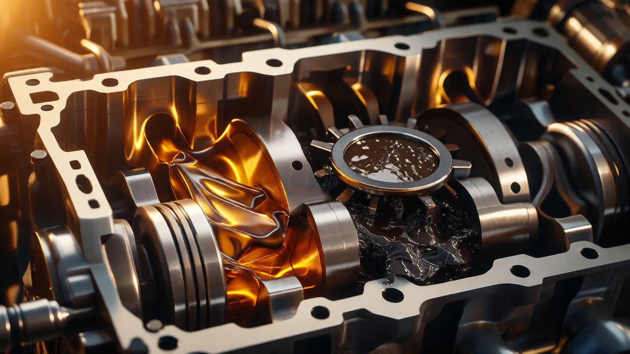 Cutaway engine view showing clean oil flow versus sludge buildup blocking passages.