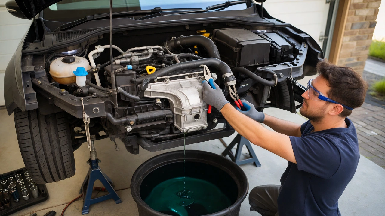DIY mechanic draining green coolant from car radiator into pan during replacement