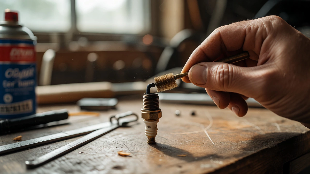 Hand cleaning carbon deposits from a spark plug with a brass wire brush.