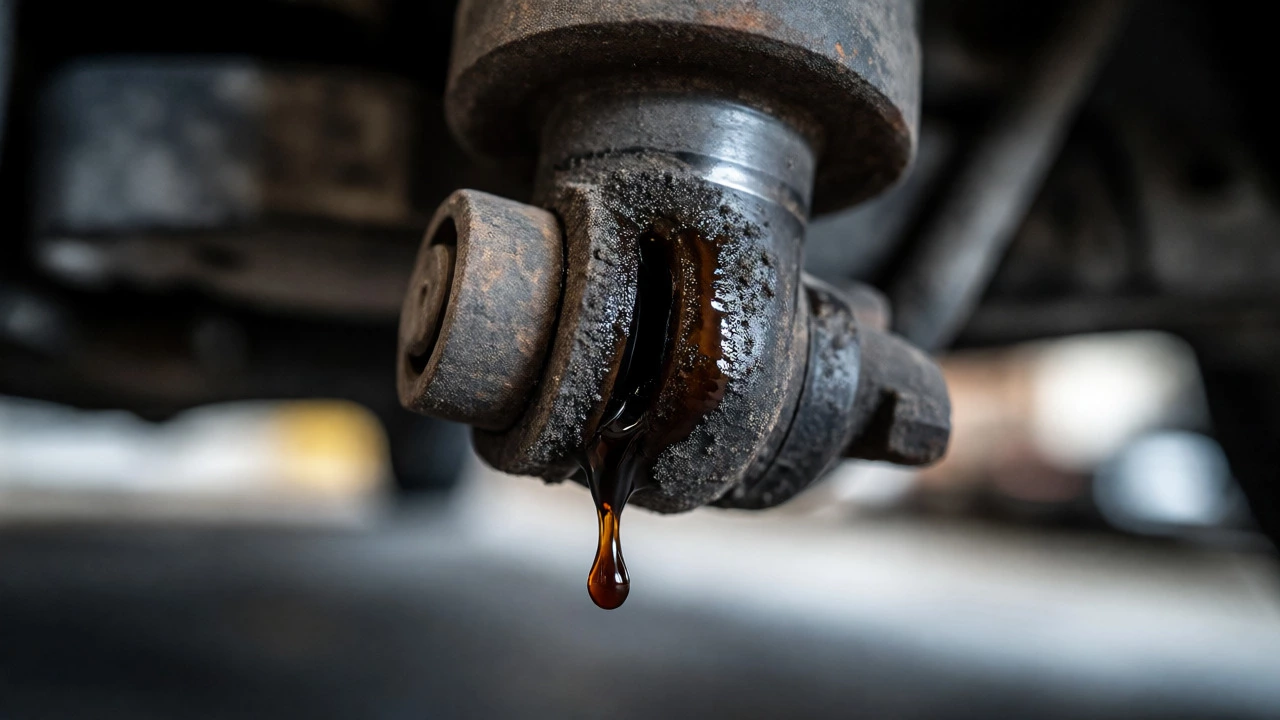 Macro shot of oily fluid leaking from a rusty shock absorber