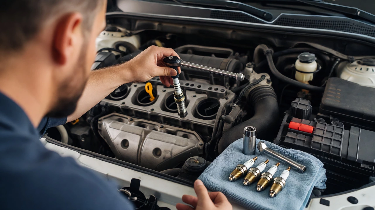 Mechanic using a torque wrench to install a new spark plug into a car engine.