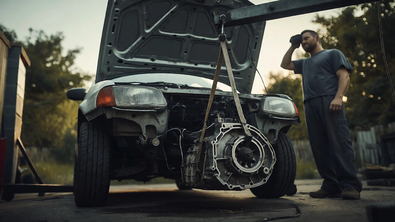 Mechanic watching a suspended gearbox during reassembly of a front-wheel-drive car
