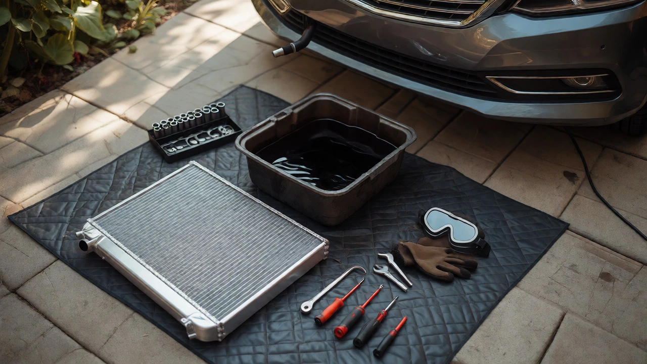 New radiator and tools laid out for DIY replacement