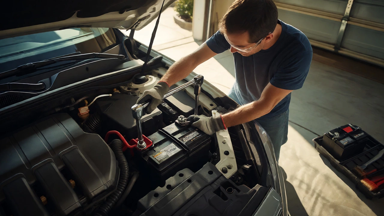 Person replacing a car battery under the hood using a wrench