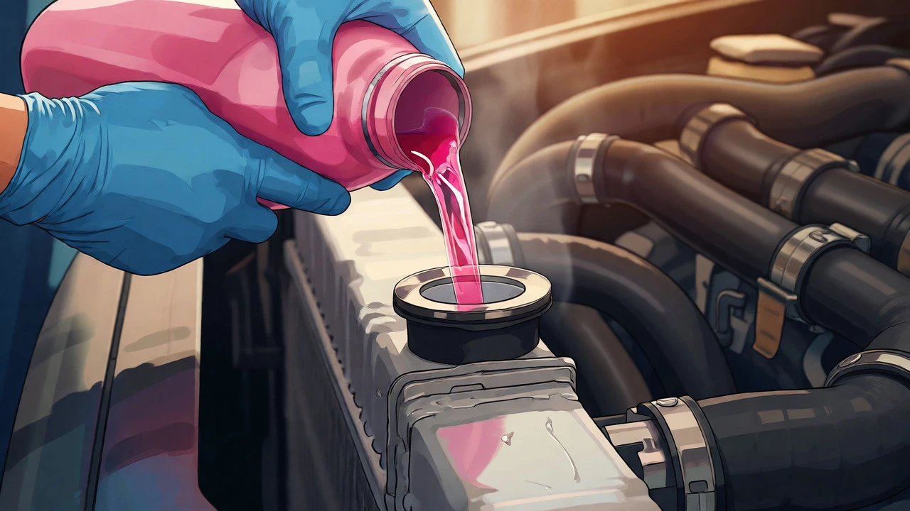 Pouring coolant into car radiator to bleed the system