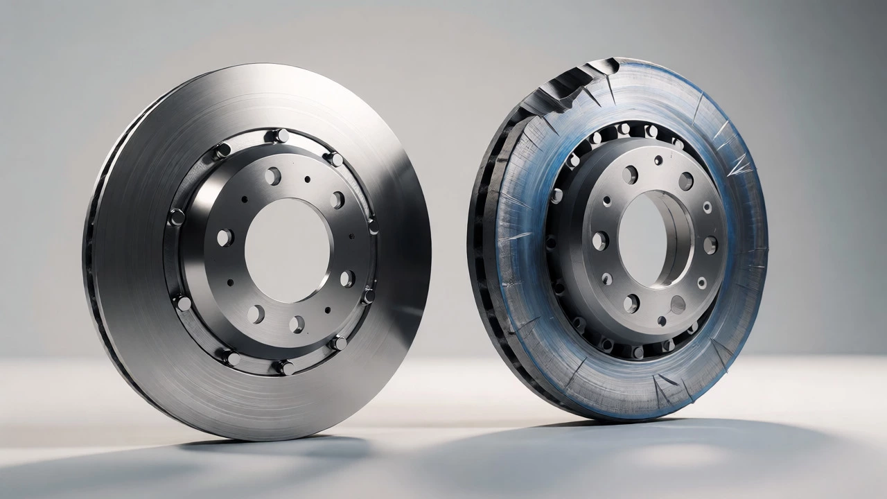Side-by-side comparison of a new and warped brake rotor