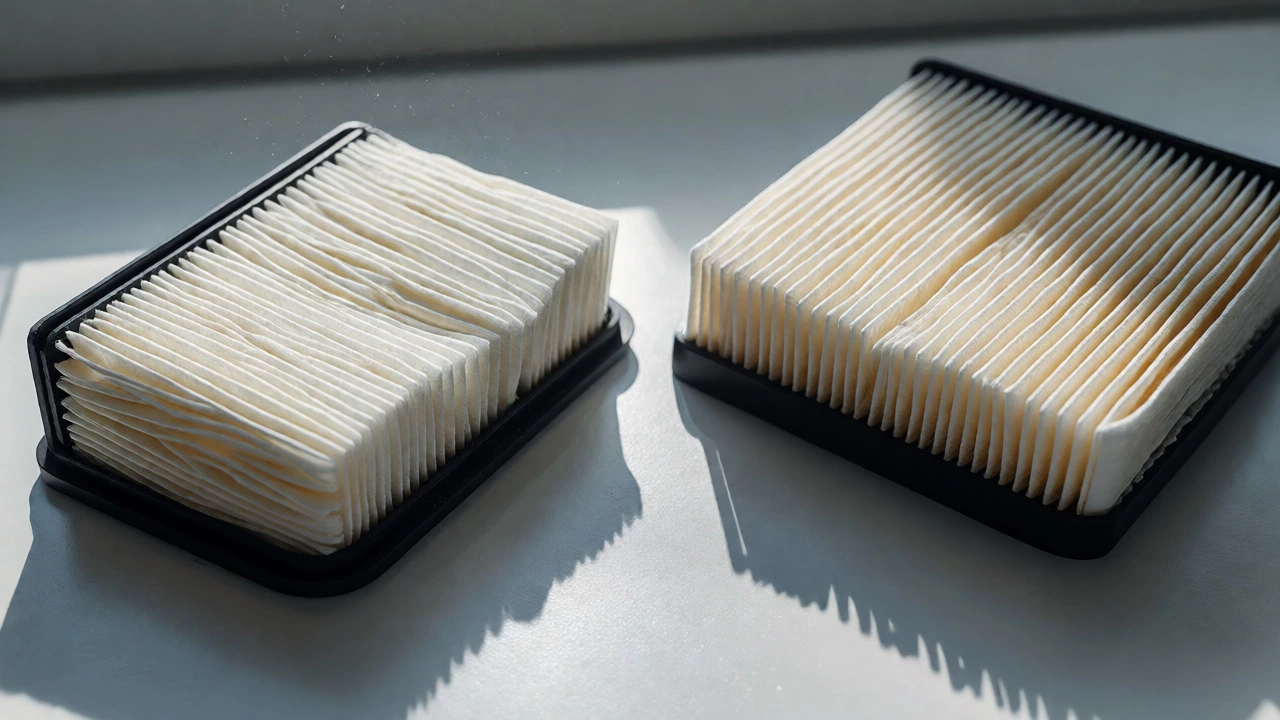 Side-by-side macro view of a damaged cheap filter and a pristine premium filter
