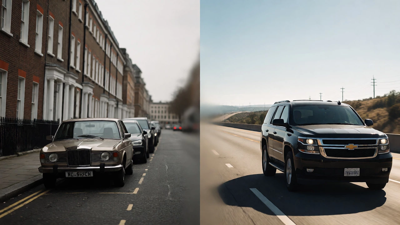 Split scene contrasting British and American automotive environments without text.