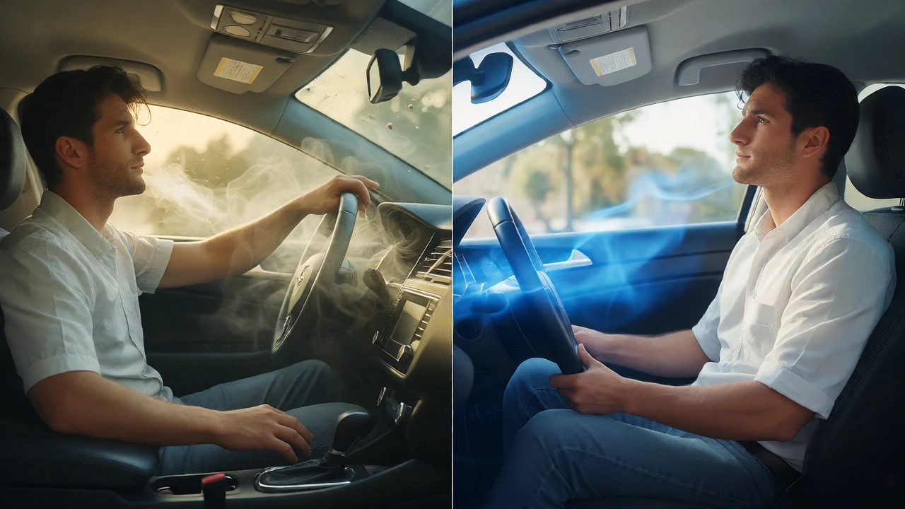 Split view of a car interior showing polluted air versus clean filtered air