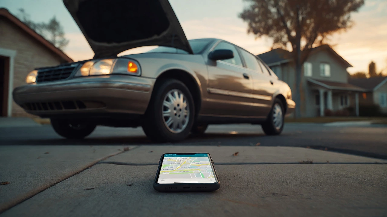 Stranded car on a suburban street at twilight